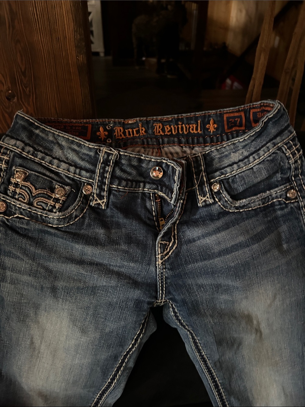 Rock Revival Faded Blue Embroidered Pocket Jeans - Picture 6 of 7